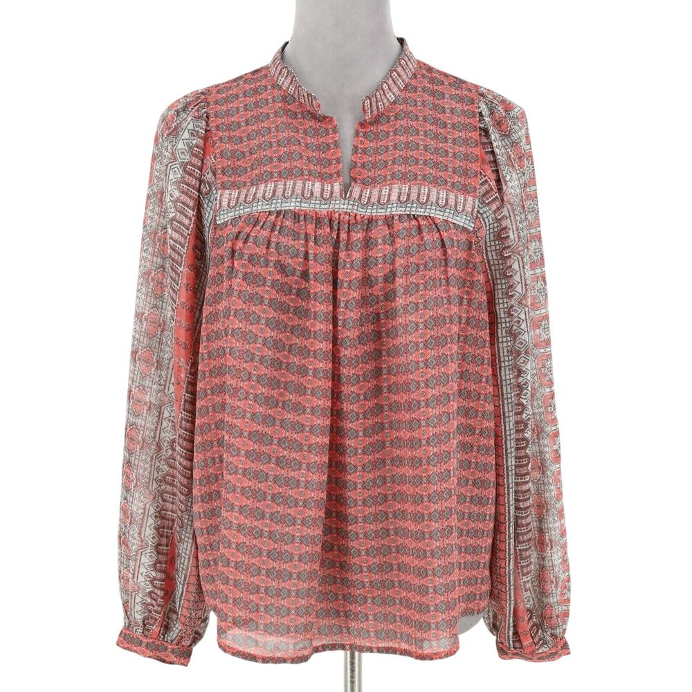 Lucky Brand Top Womens Small Pink Ivory Chiffon Geometric Print Blouse Boho